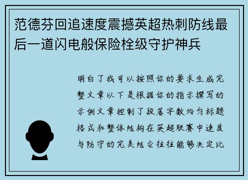 范德芬回追速度震撼英超热刺防线最后一道闪电般保险栓级守护神兵